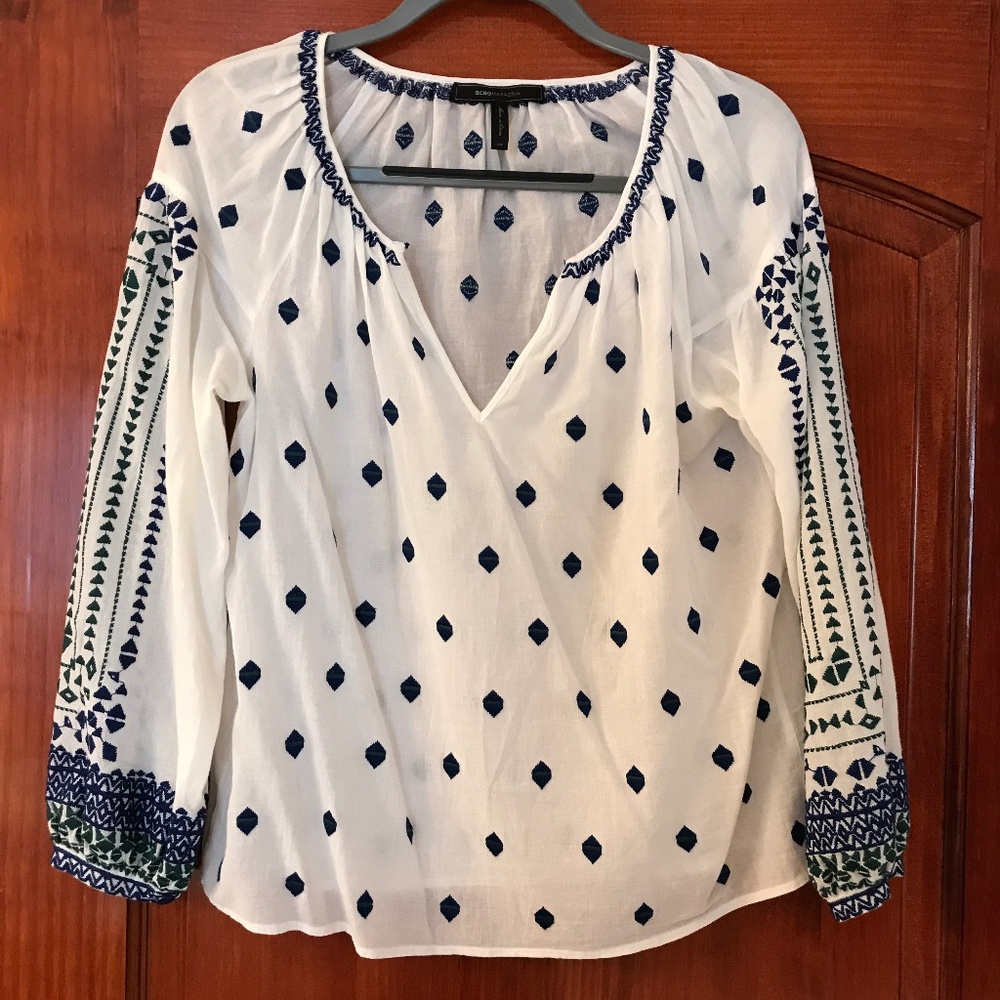 BCBG Embroidered Peasant Cotton Blouse